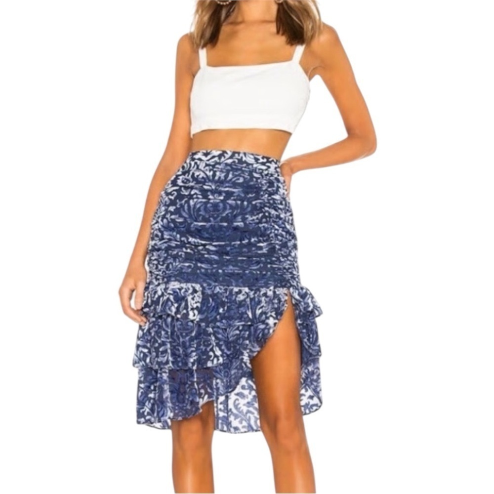Majorelle Revolve Gabriella Navy Floral Burnout Velvet Draping Ruffle Size XL